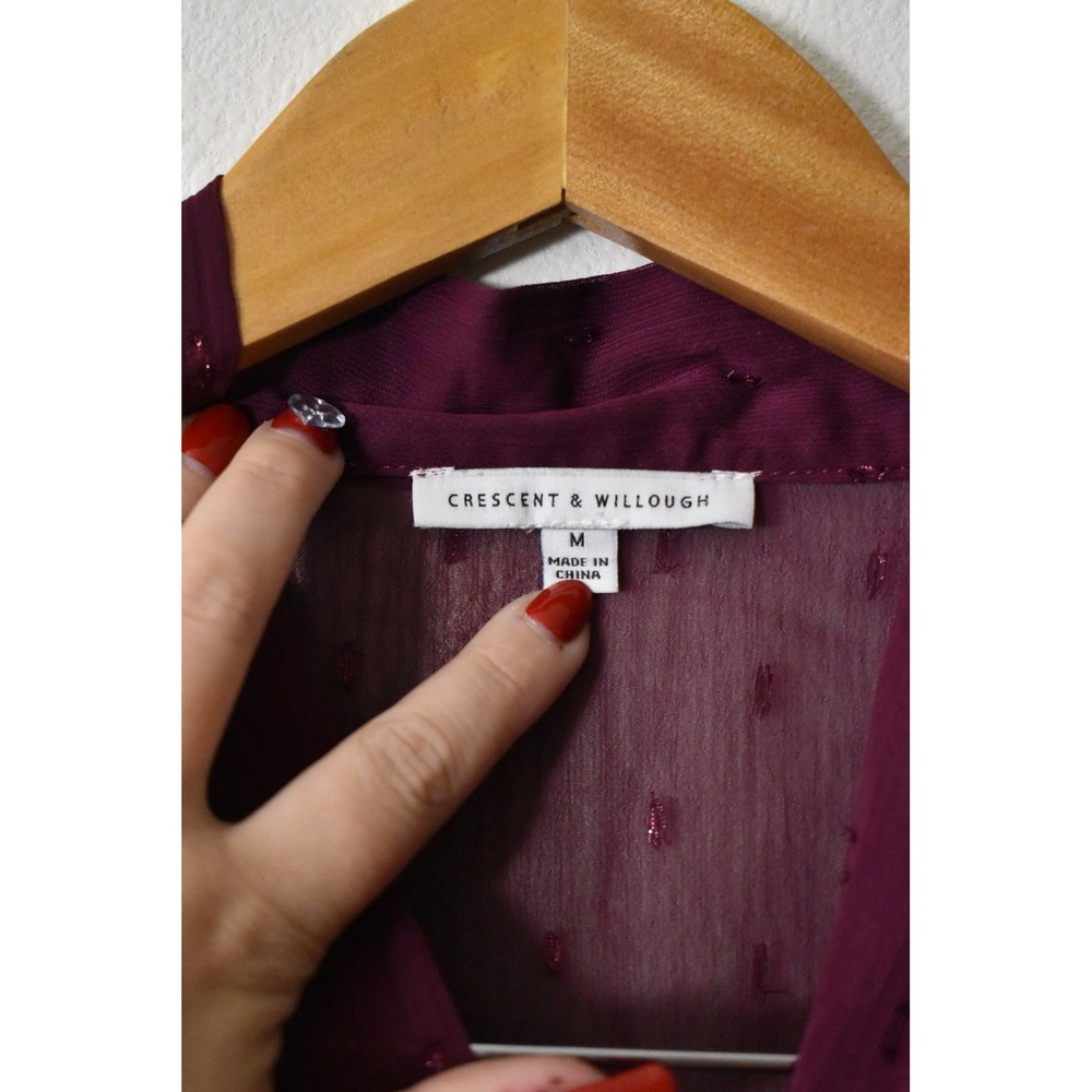 Crescent & Willough Blouse Womens Medium Burgundy Tie Neck Metallic Dot - Picture 5 of 6